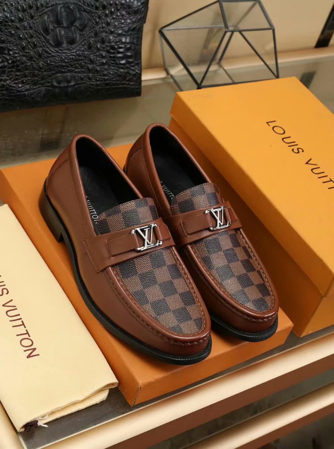 Men L.V Brown Check Leather Shoe – Exquisites Stores NG